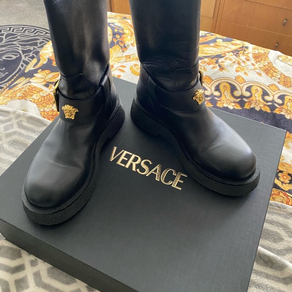 Versace Shoes - Versace Black Leather Boots with Gold Medusa Accent